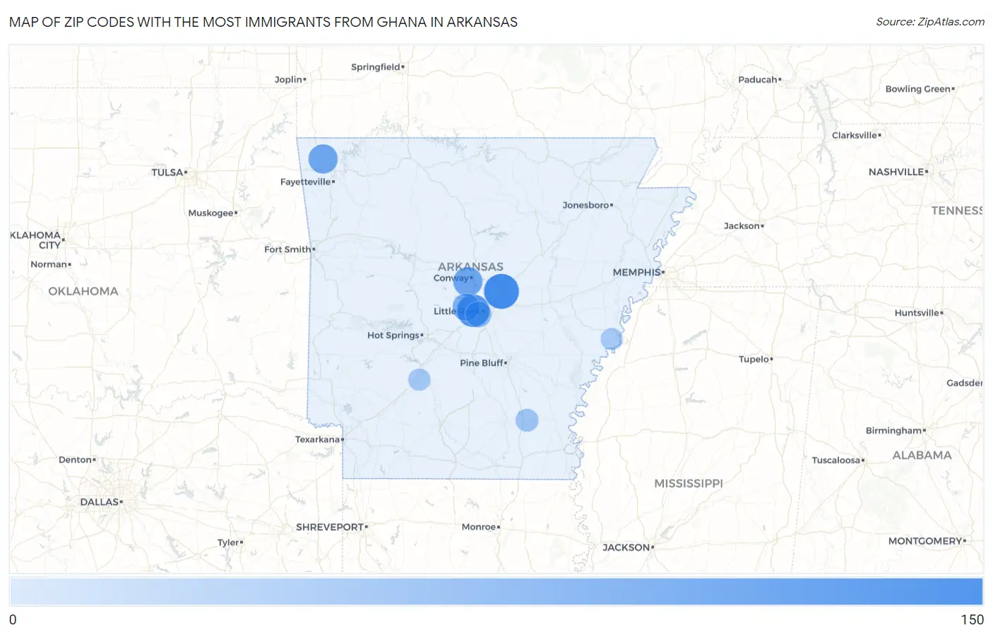 Zip Codes with the Most Immigrants from Ghana in Arkansas Map