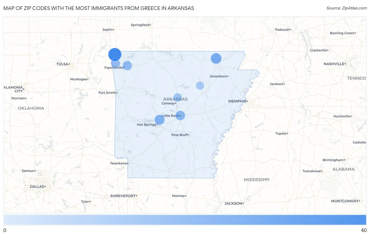 Zip Codes with the Most Immigrants from Greece in Arkansas Map