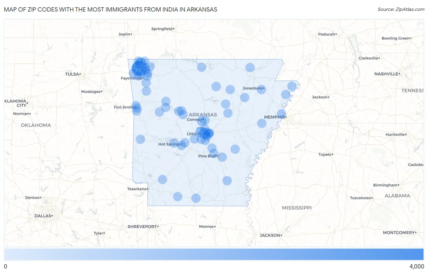 Zip Codes with the Most Immigrants from India in Arkansas Map