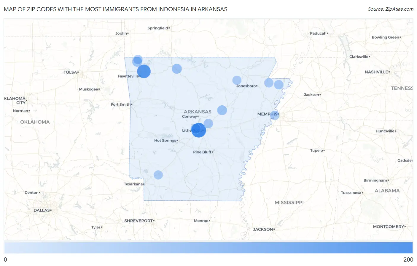 Zip Codes with the Most Immigrants from Indonesia in Arkansas Map