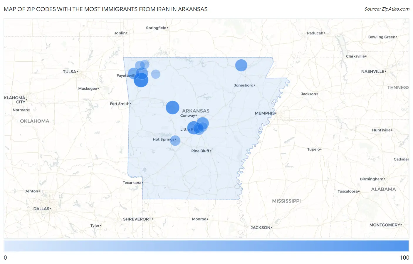 Zip Codes with the Most Immigrants from Iran in Arkansas Map