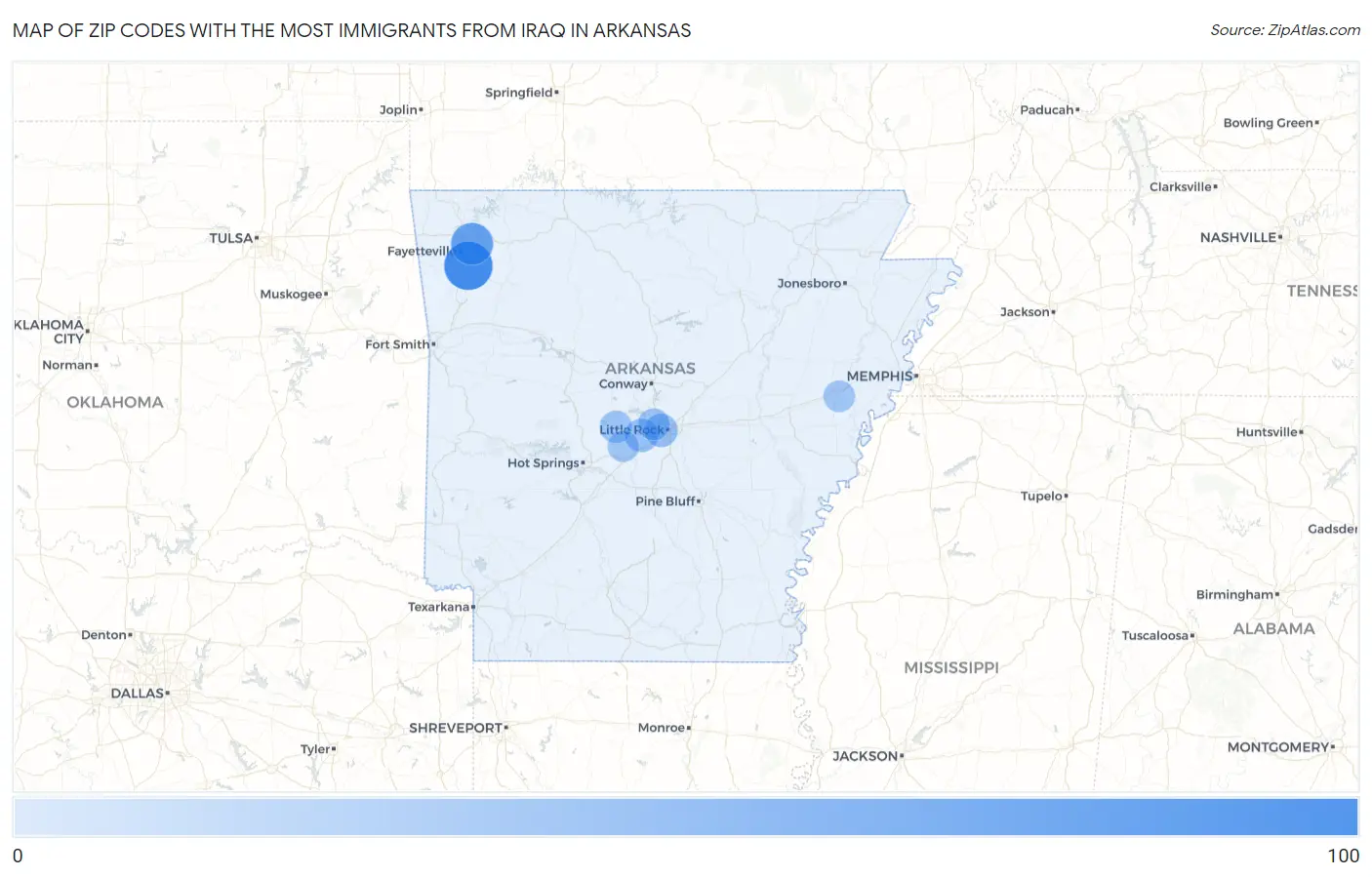 Zip Codes with the Most Immigrants from Iraq in Arkansas Map