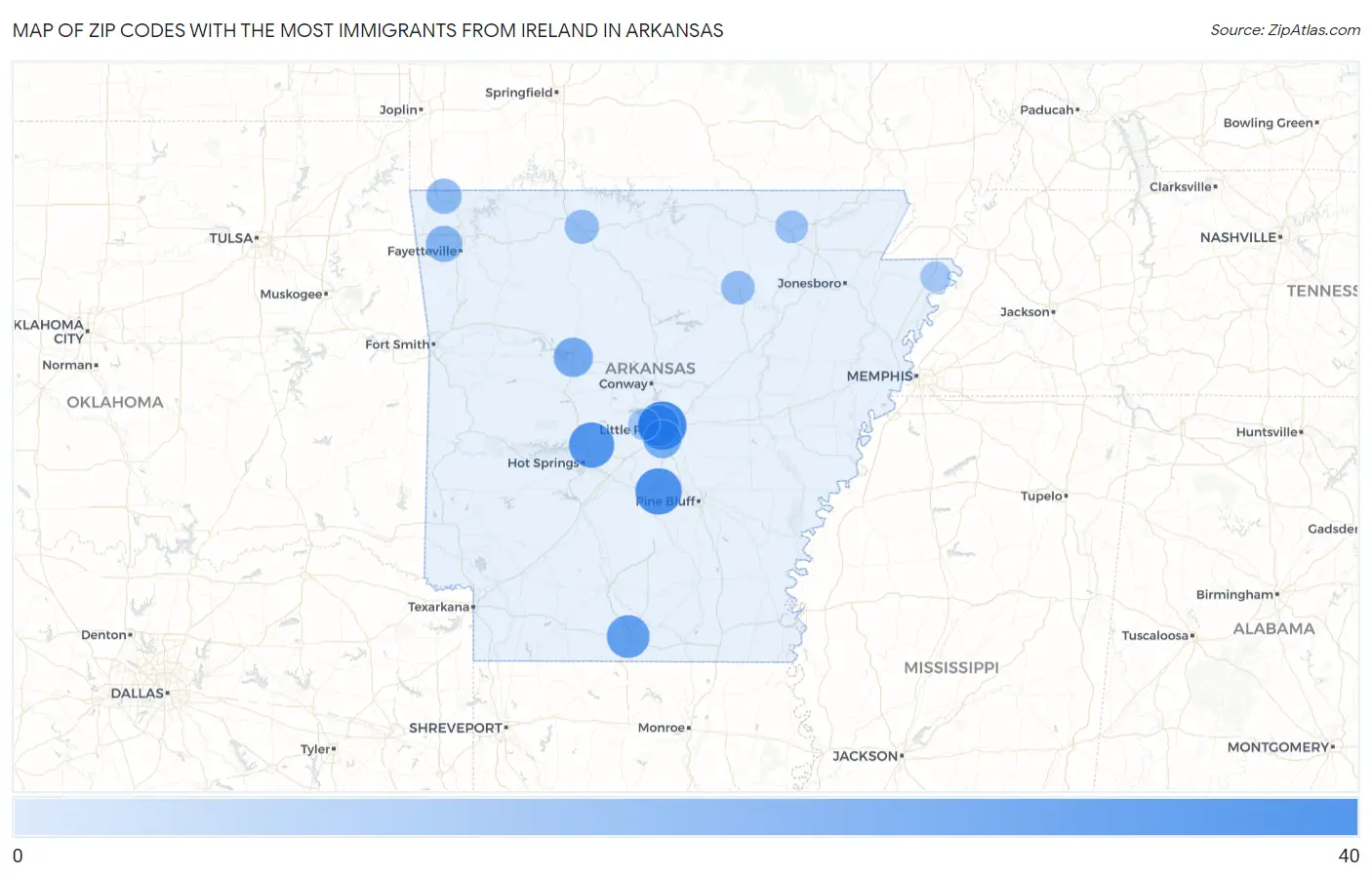Zip Codes with the Most Immigrants from Ireland in Arkansas Map