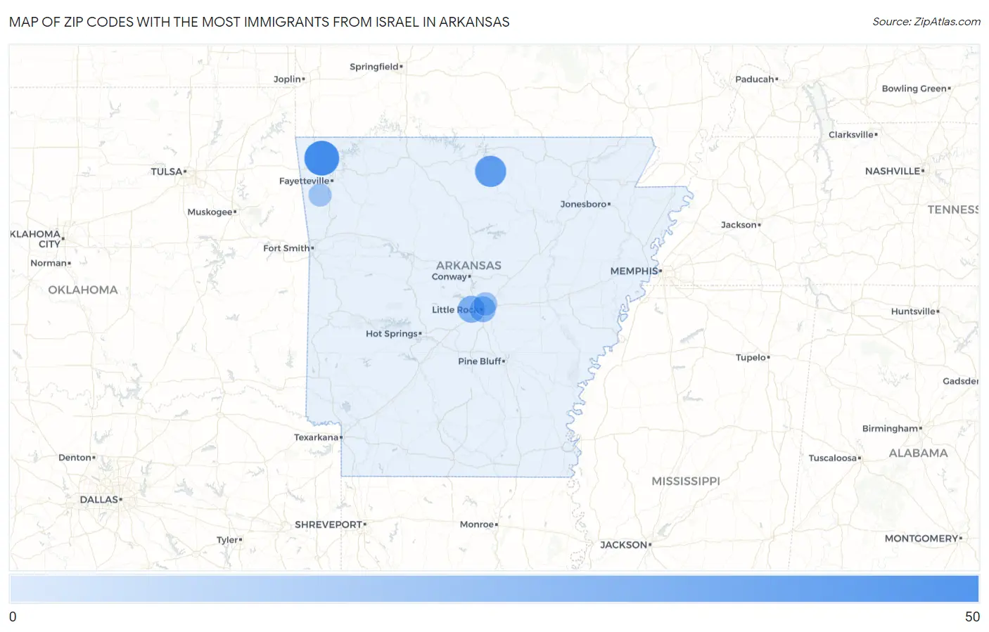 Zip Codes with the Most Immigrants from Israel in Arkansas Map