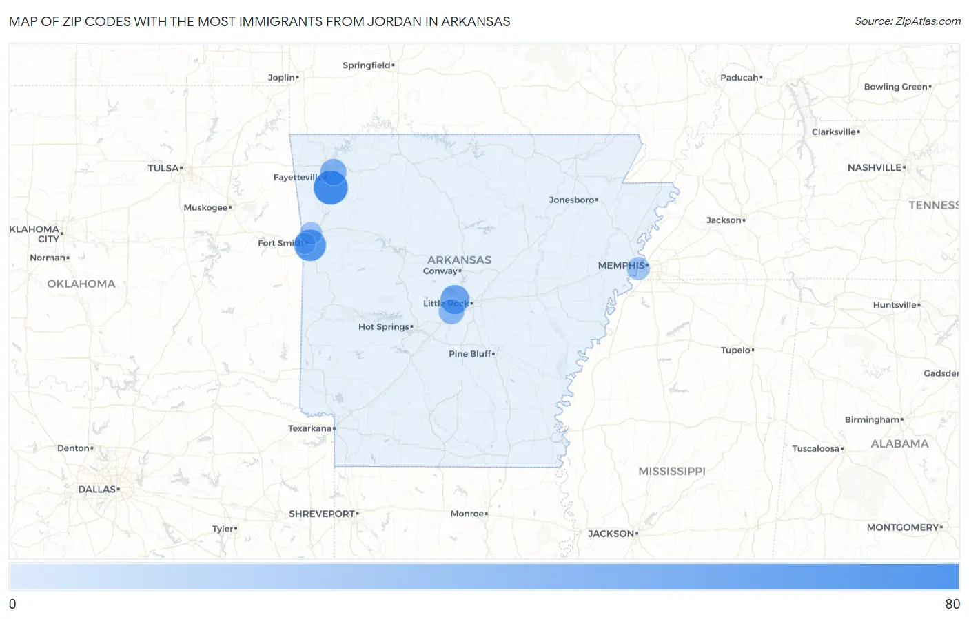 Zip Codes with the Most Immigrants from Jordan in Arkansas Map