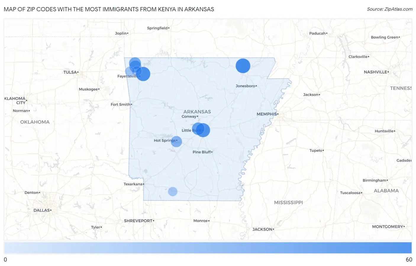 Zip Codes with the Most Immigrants from Kenya in Arkansas Map