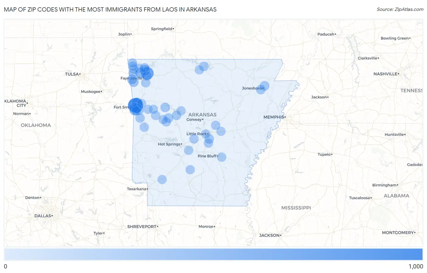 Zip Codes with the Most Immigrants from Laos in Arkansas Map