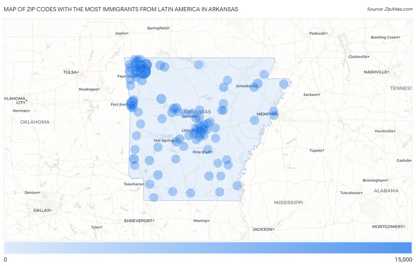 Zip Codes with the Most Immigrants from Latin America in Arkansas Map