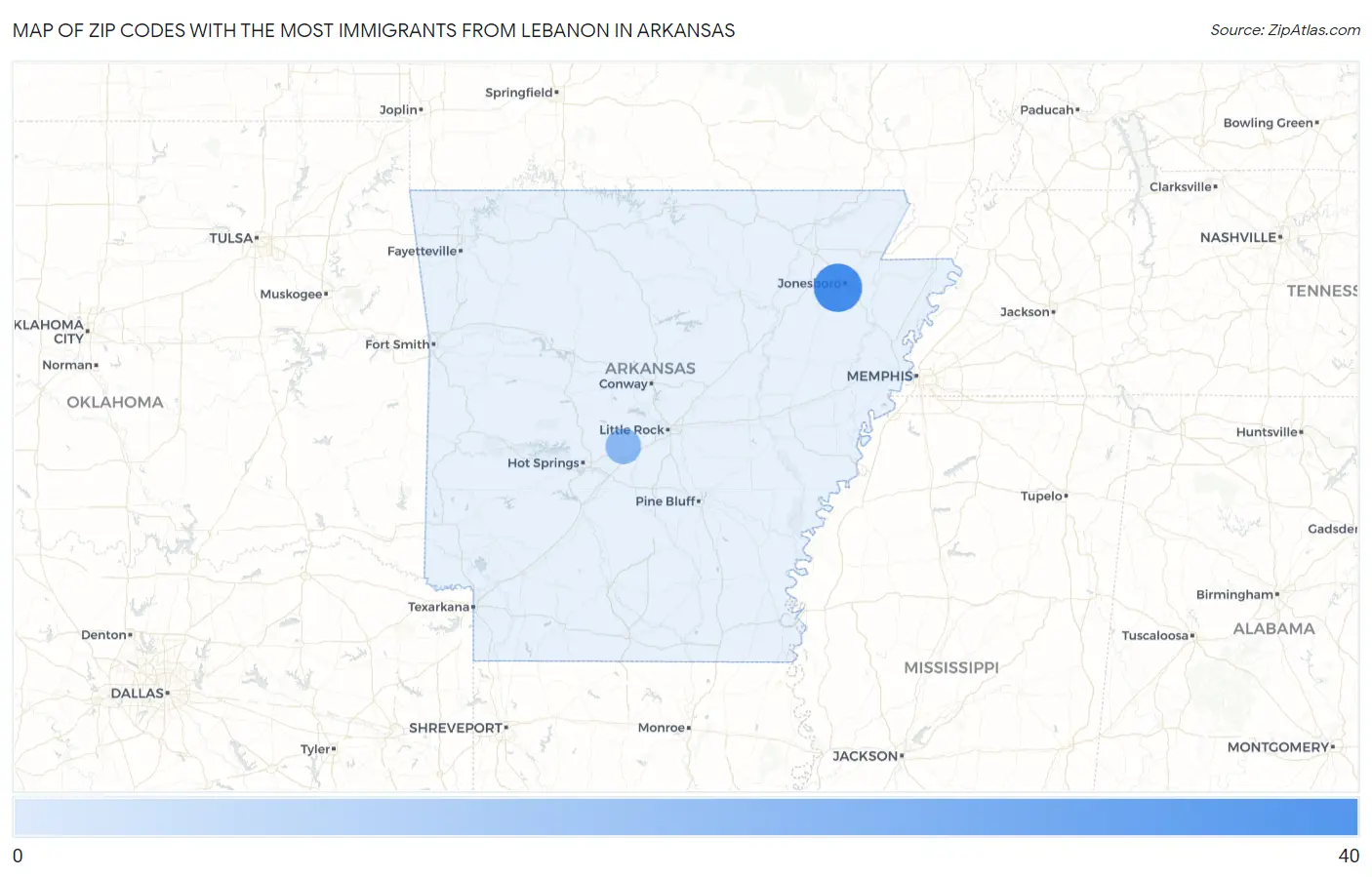 Zip Codes with the Most Immigrants from Lebanon in Arkansas Map