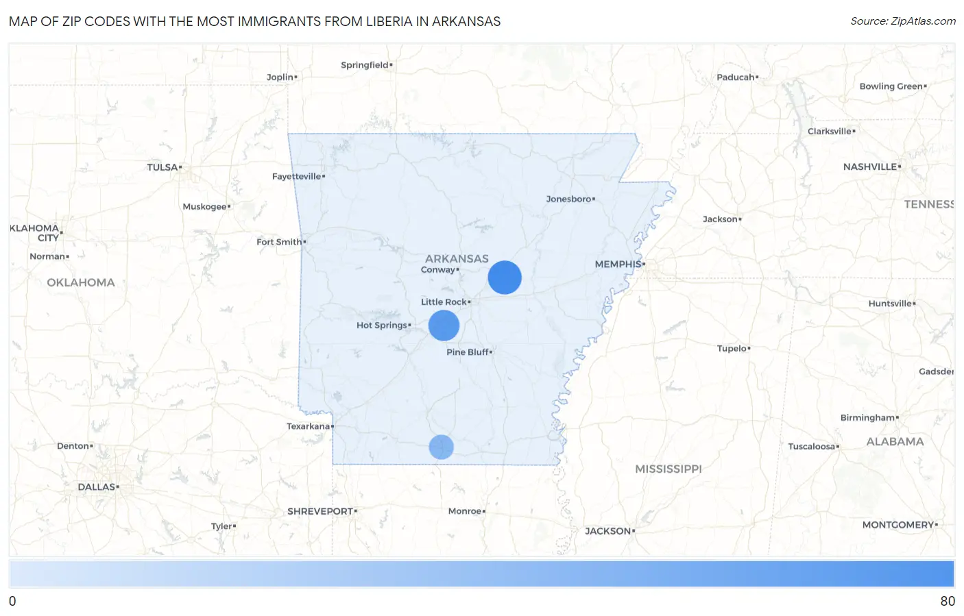 Zip Codes with the Most Immigrants from Liberia in Arkansas Map