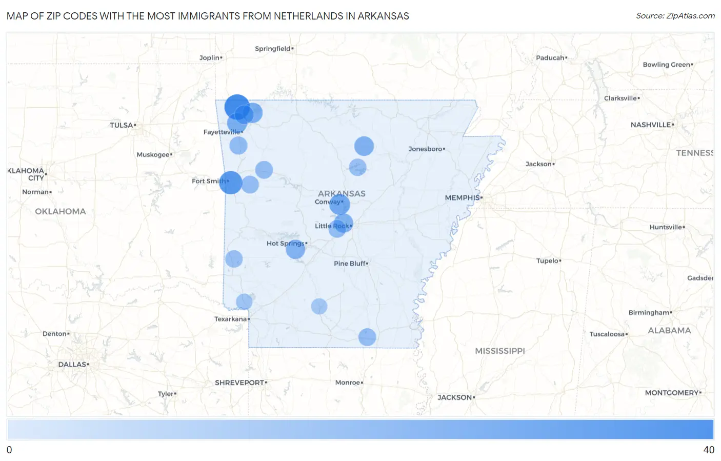 Zip Codes with the Most Immigrants from Netherlands in Arkansas Map