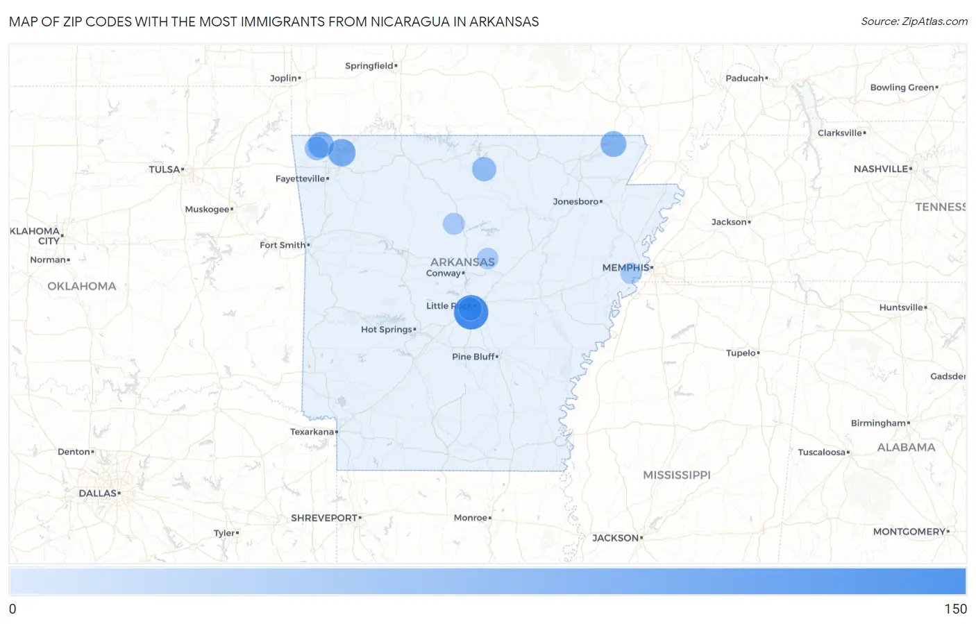 Zip Codes with the Most Immigrants from Nicaragua in Arkansas Map