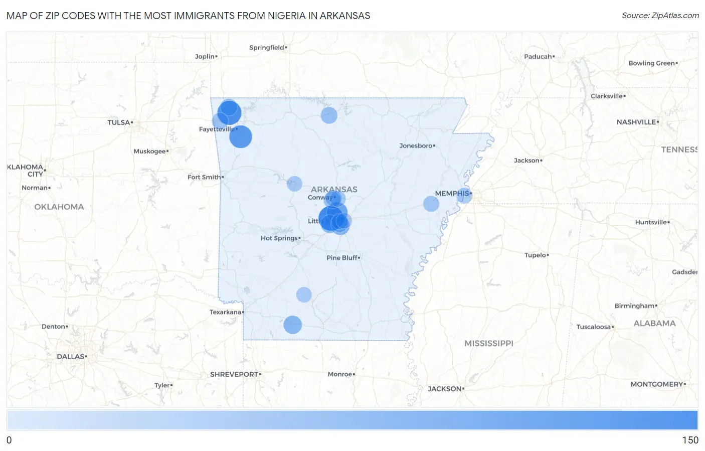 Zip Codes with the Most Immigrants from Nigeria in Arkansas Map