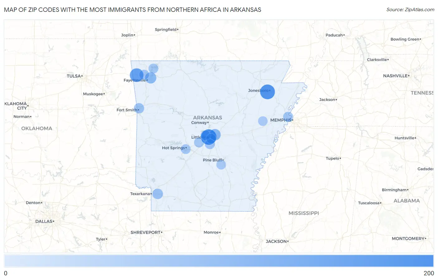Zip Codes with the Most Immigrants from Northern Africa in Arkansas Map