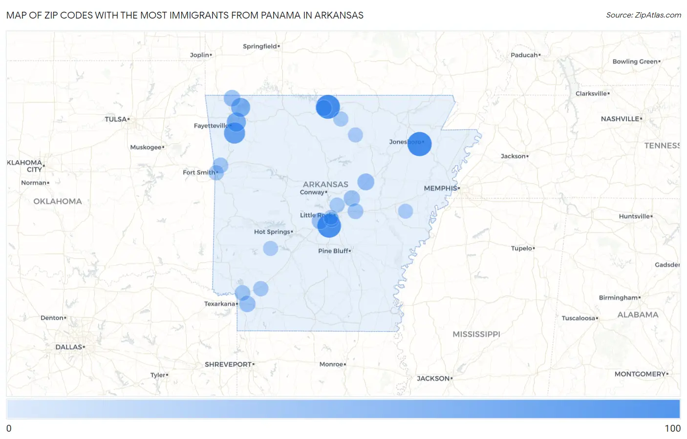 Zip Codes with the Most Immigrants from Panama in Arkansas Map