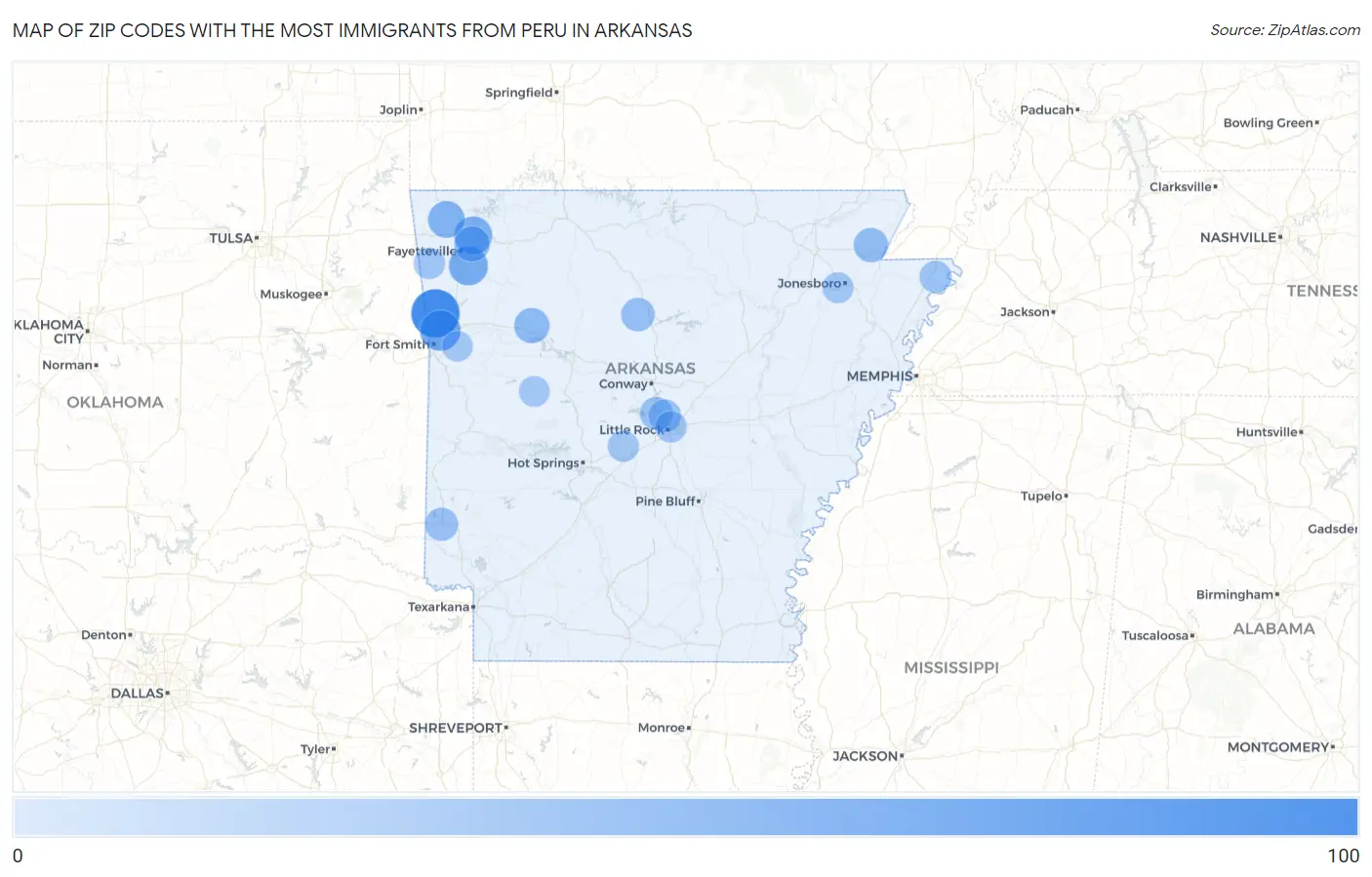Zip Codes with the Most Immigrants from Peru in Arkansas Map