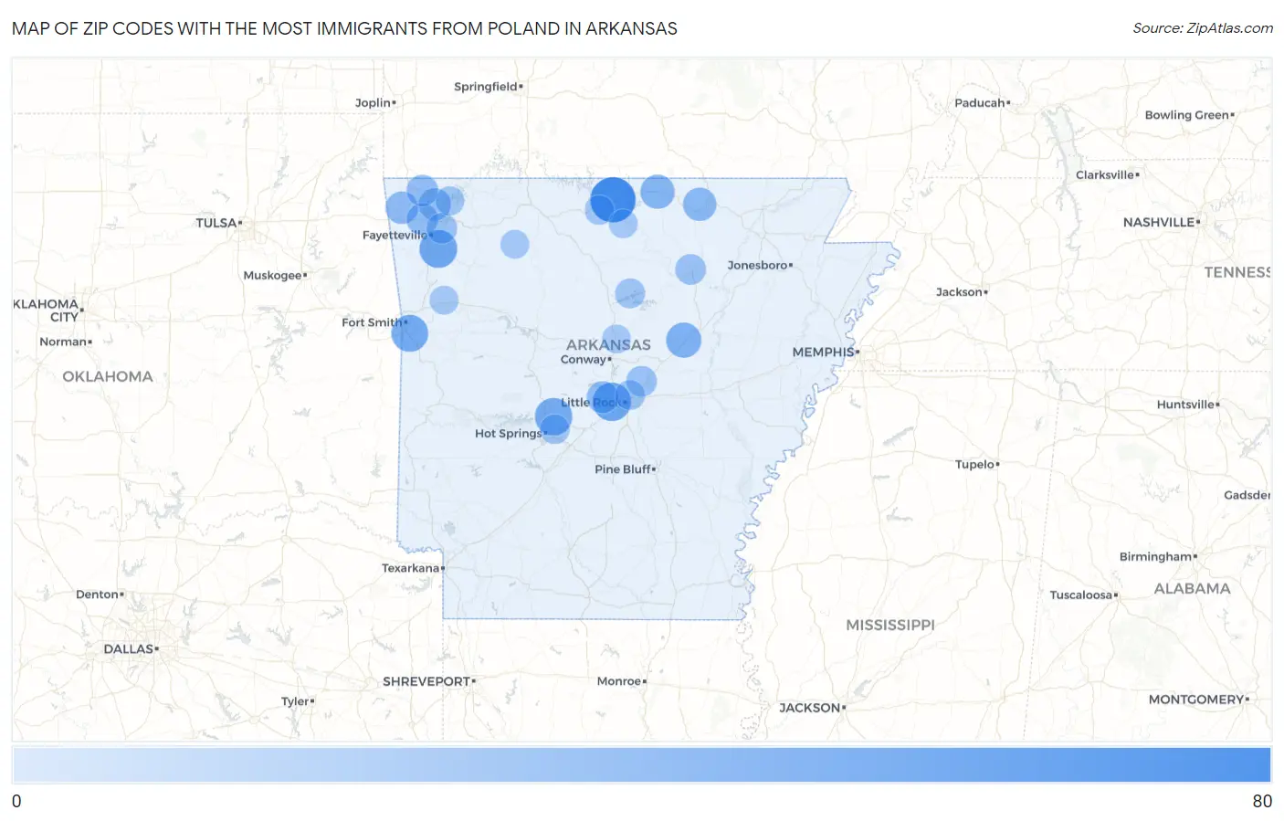 Zip Codes with the Most Immigrants from Poland in Arkansas Map
