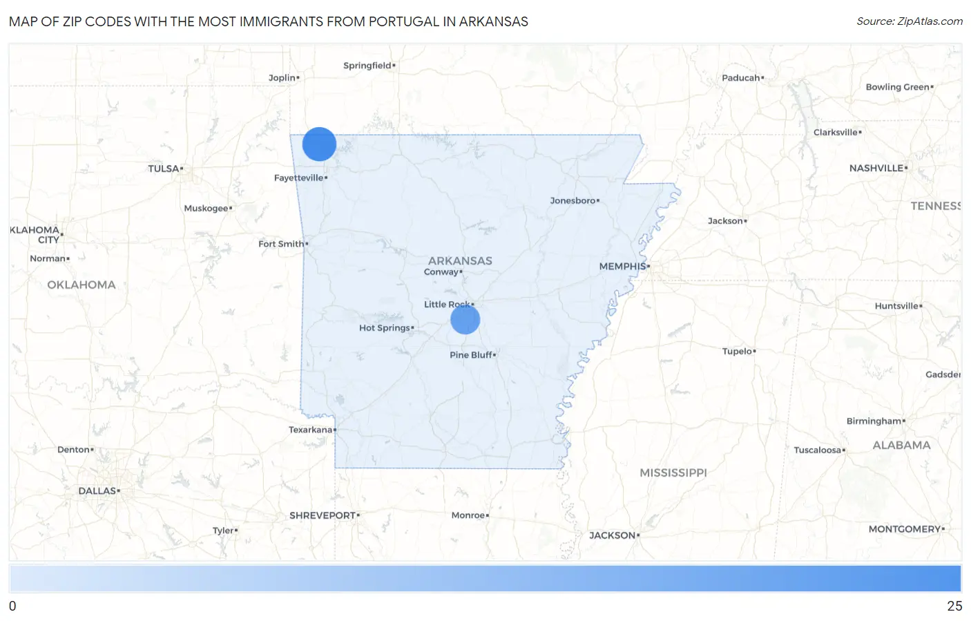 Zip Codes with the Most Immigrants from Portugal in Arkansas Map