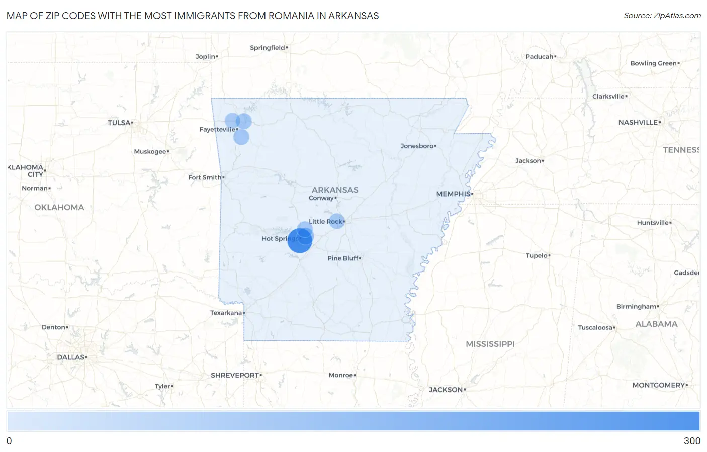 Zip Codes with the Most Immigrants from Romania in Arkansas Map