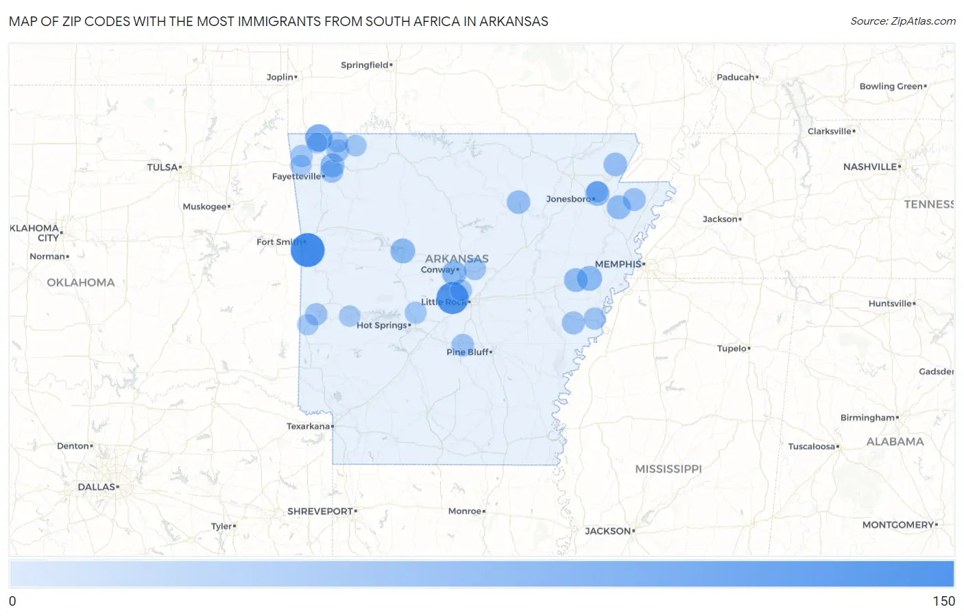 Zip Codes with the Most Immigrants from South Africa in Arkansas Map