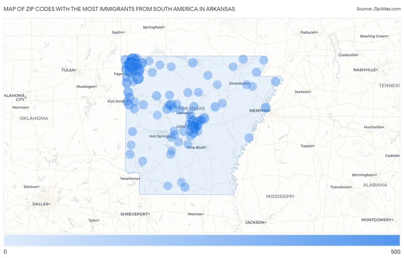 Zip Codes with the Most Immigrants from South America in Arkansas Map
