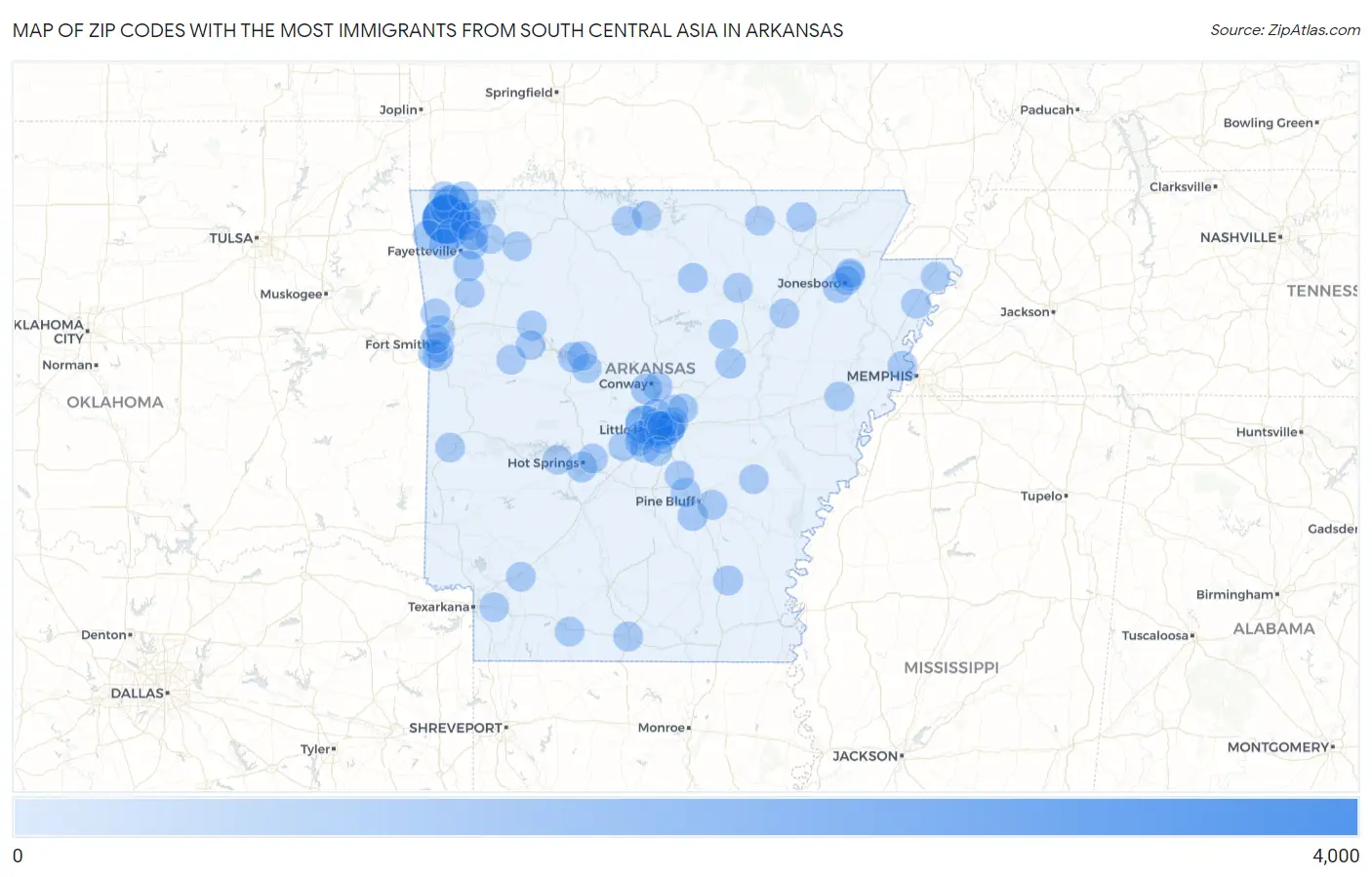 Zip Codes with the Most Immigrants from South Central Asia in Arkansas Map
