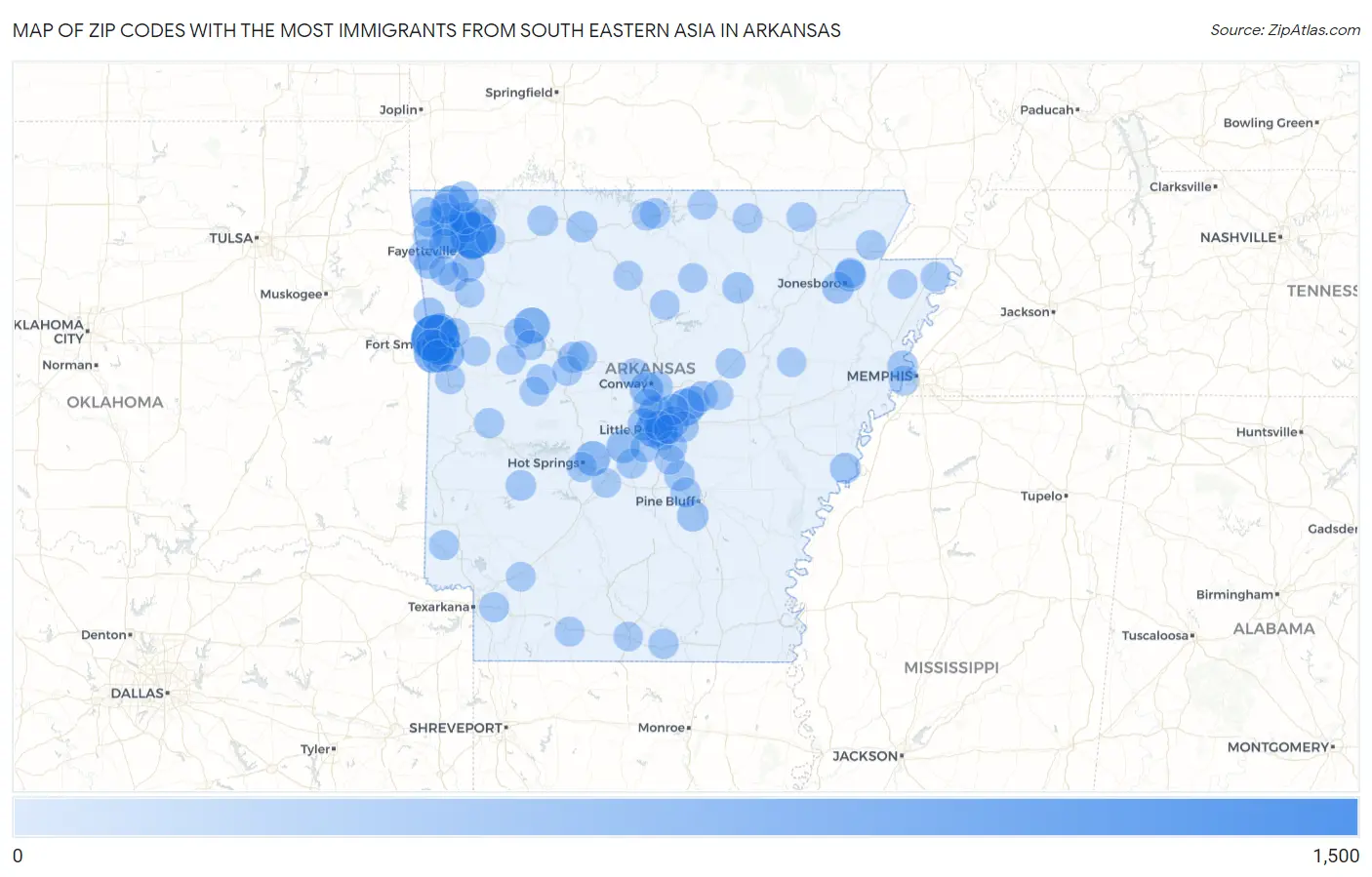 Zip Codes with the Most Immigrants from South Eastern Asia in Arkansas Map