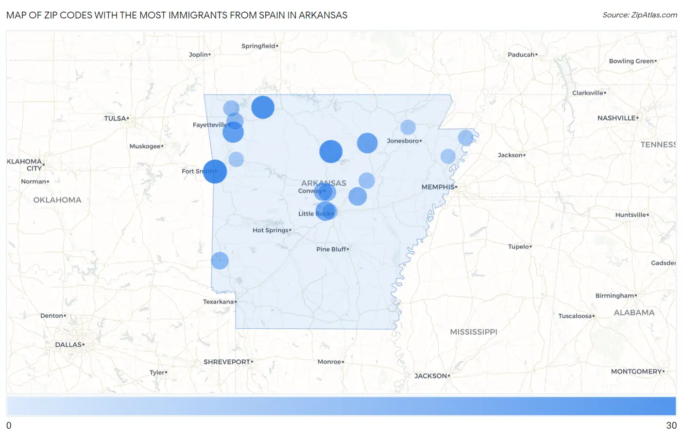 Zip Codes with the Most Immigrants from Spain in Arkansas Map