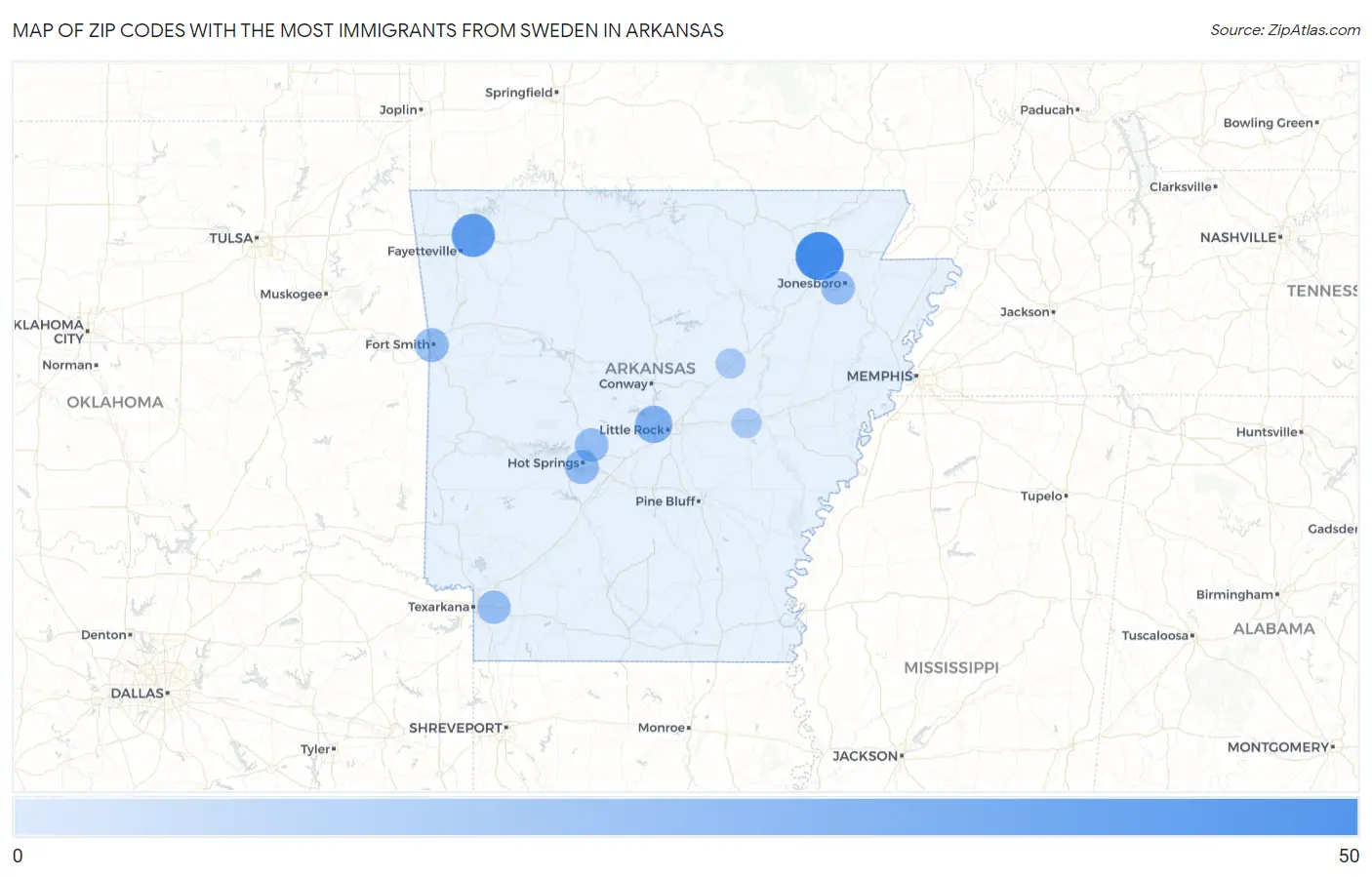 Zip Codes with the Most Immigrants from Sweden in Arkansas Map