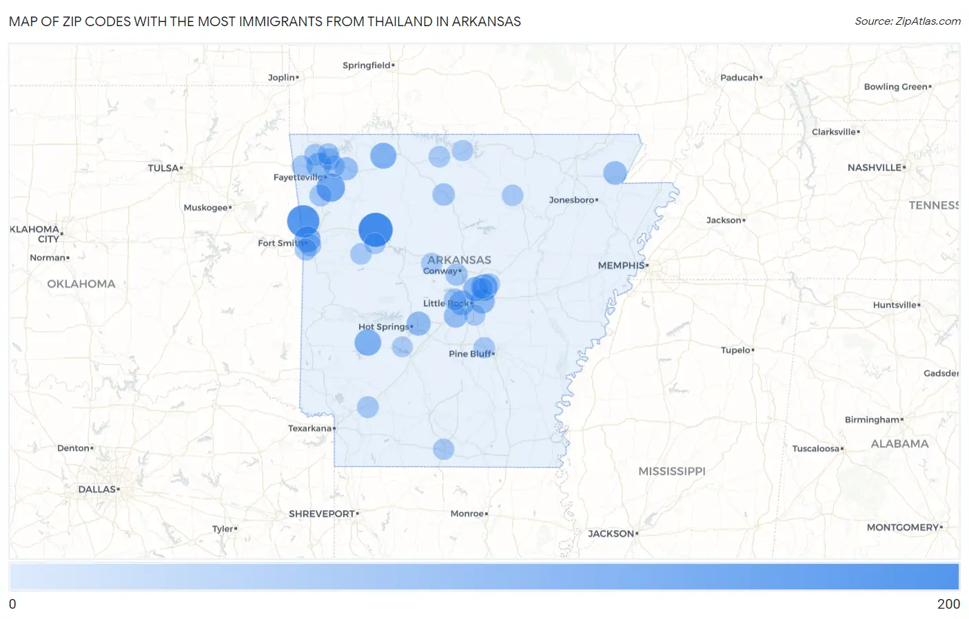 Zip Codes with the Most Immigrants from Thailand in Arkansas Map