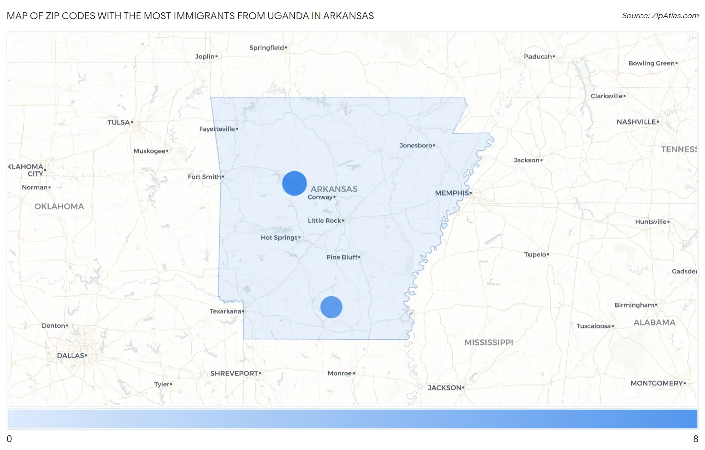 Zip Codes with the Most Immigrants from Uganda in Arkansas Map