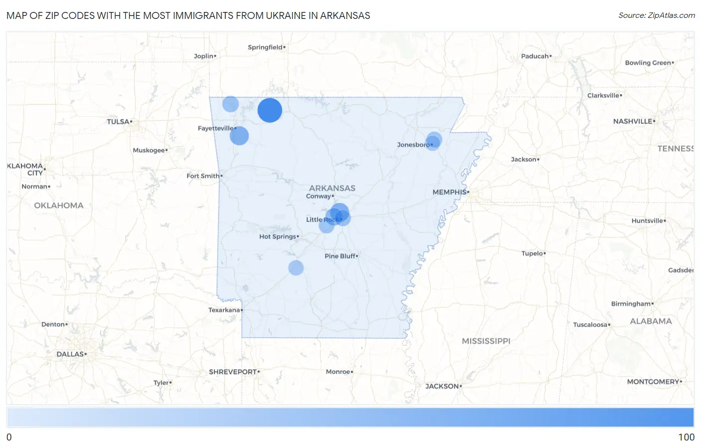 Zip Codes with the Most Immigrants from Ukraine in Arkansas Map