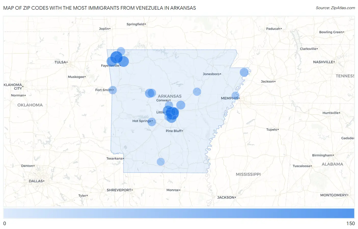 Zip Codes with the Most Immigrants from Venezuela in Arkansas Map