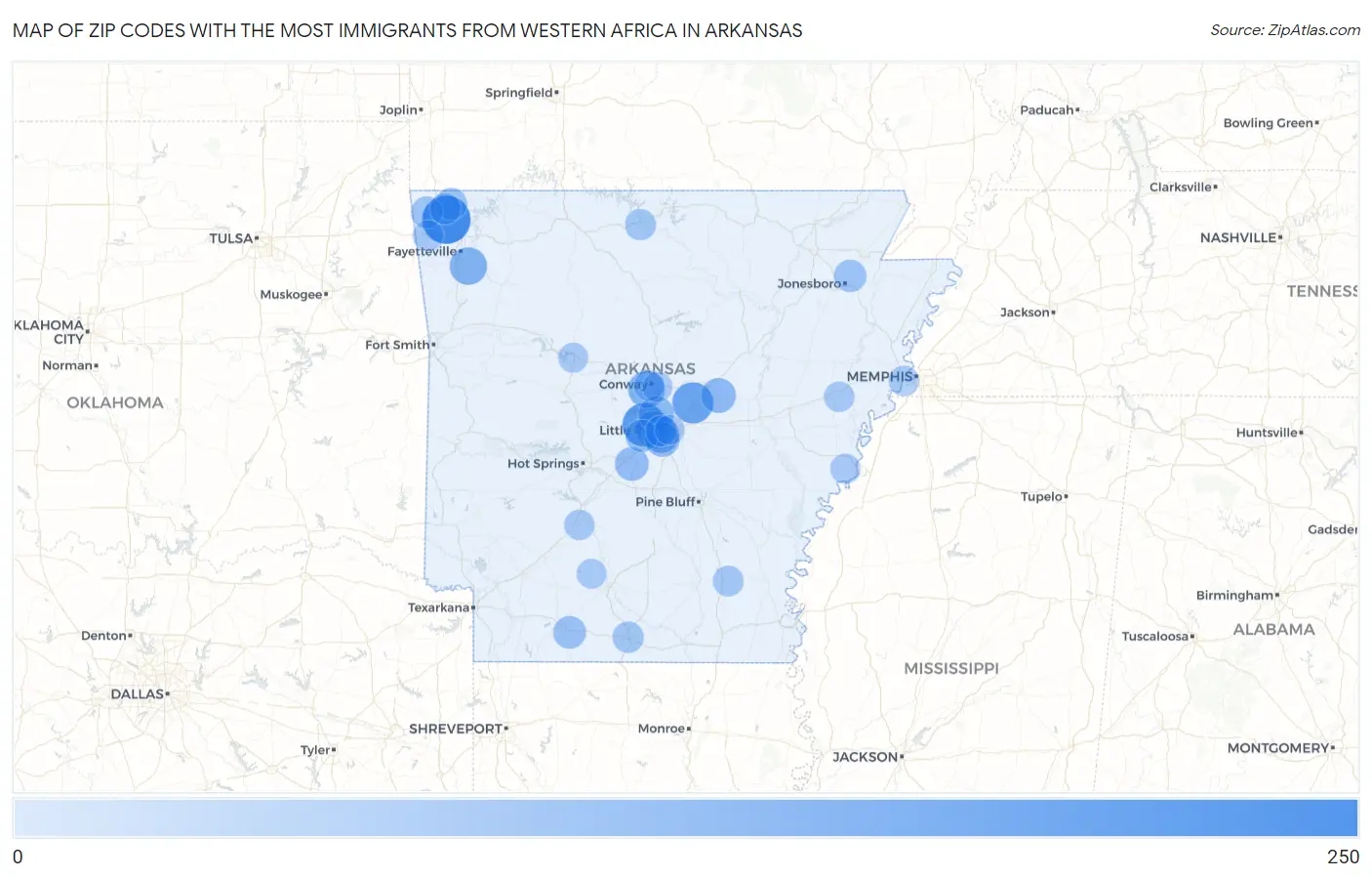 Zip Codes with the Most Immigrants from Western Africa in Arkansas Map
