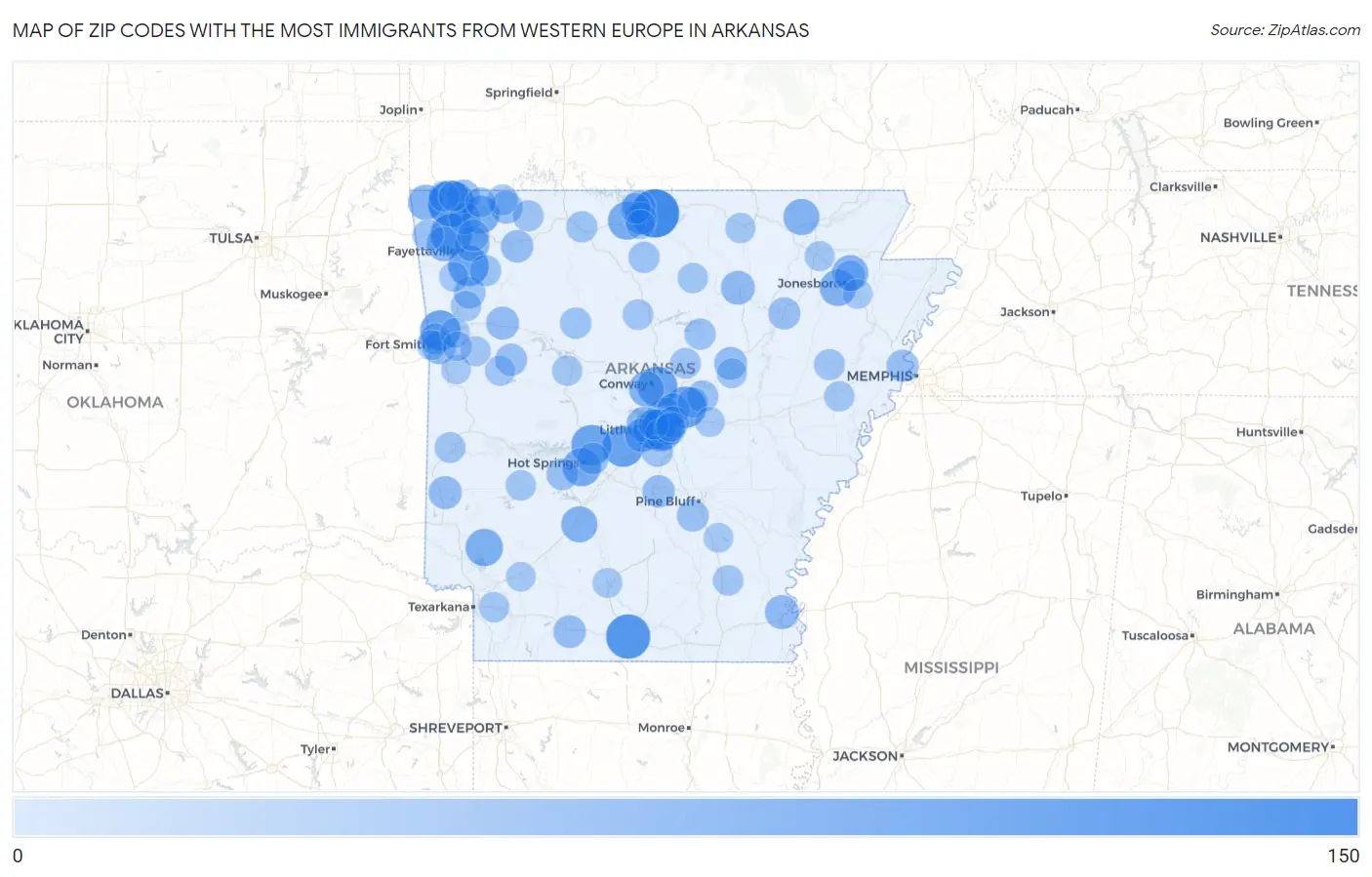 Zip Codes with the Most Immigrants from Western Europe in Arkansas Map