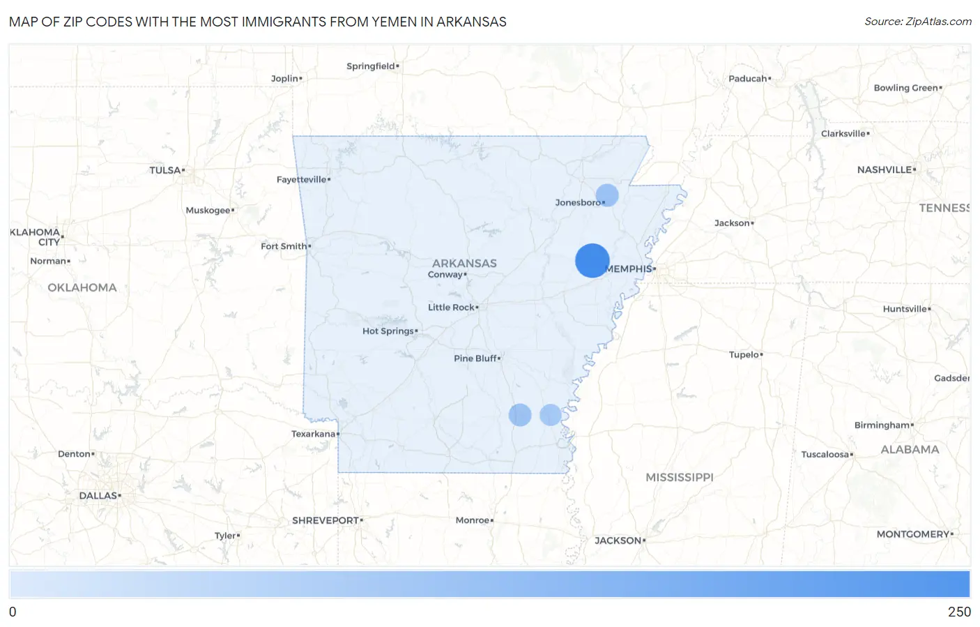 Zip Codes with the Most Immigrants from Yemen in Arkansas Map
