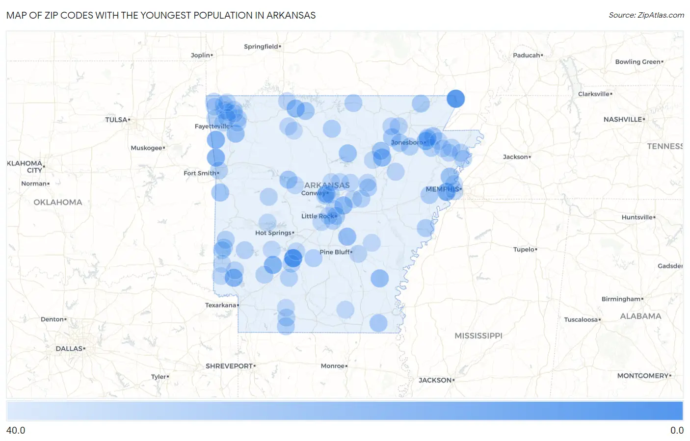 Zip Codes with the Youngest Population in Arkansas Map