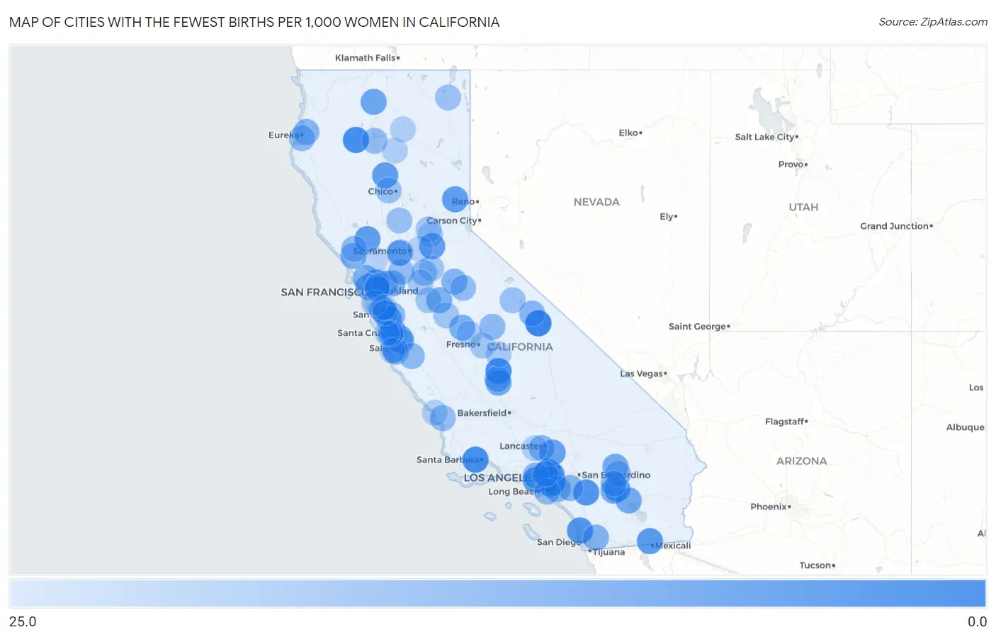 Cities with the Fewest Births per 1,000 Women in California Map