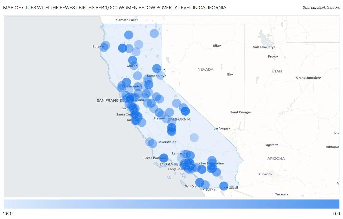 Cities with the Fewest Births per 1,000 Women Below Poverty Level in California Map