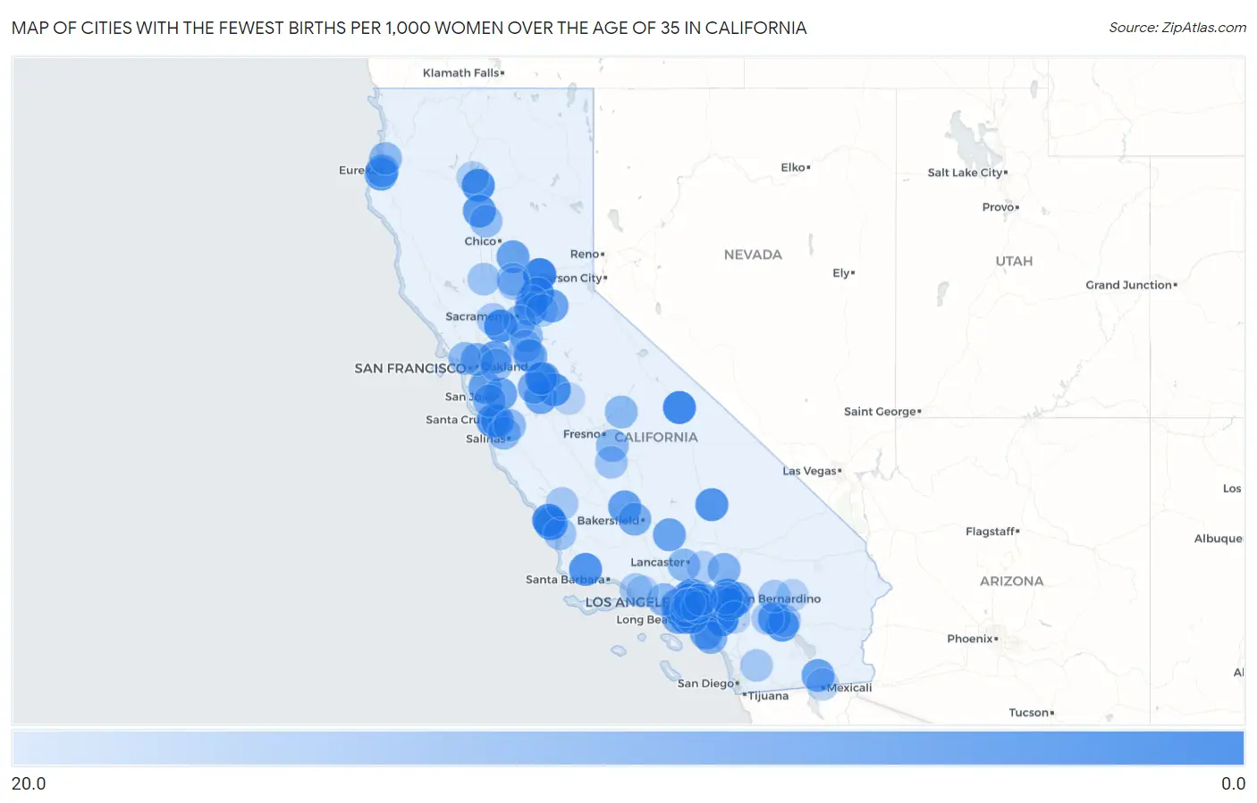 Cities with the Fewest Births per 1,000 Women Over the Age of 35 in California Map