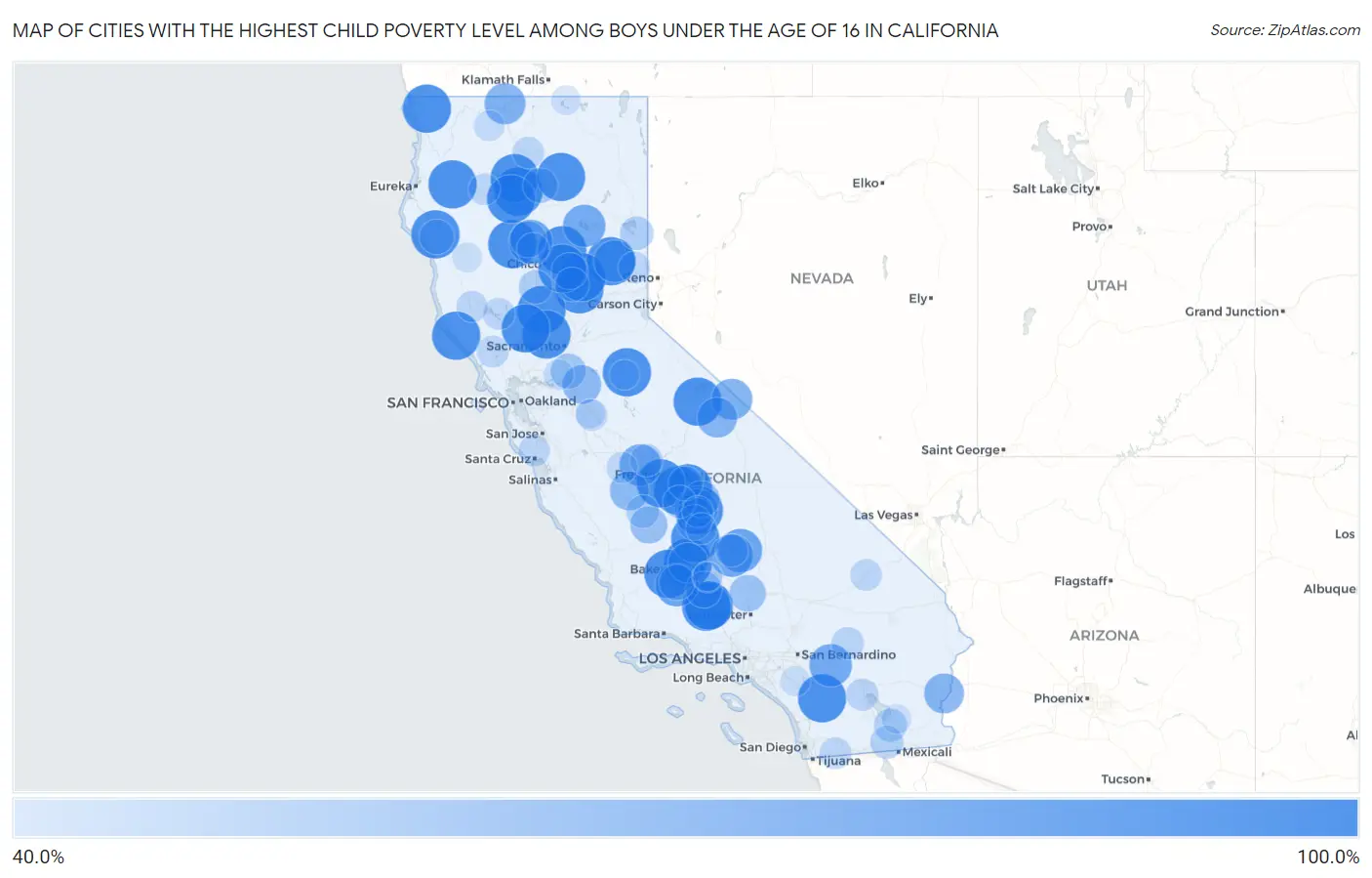 Cities with the Highest Child Poverty Level Among Boys Under the Age of 16 in California Map