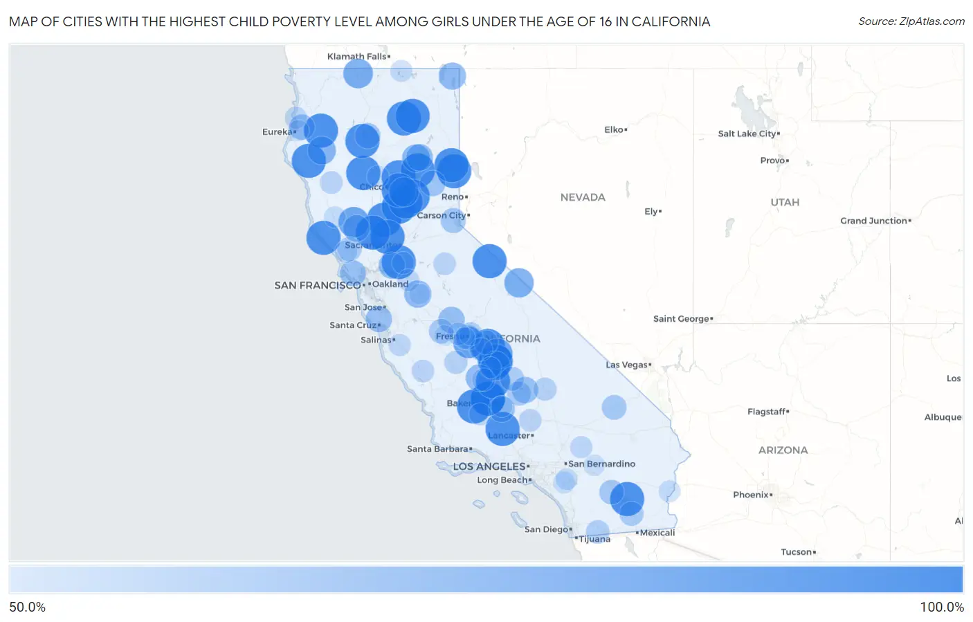 Cities with the Highest Child Poverty Level Among Girls Under the Age of 16 in California Map