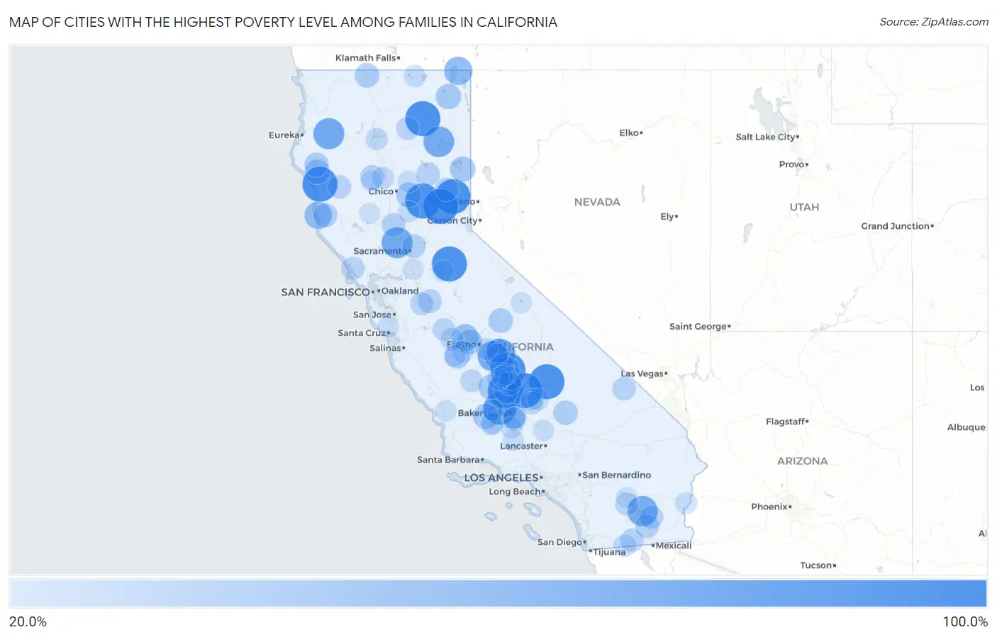 Cities with the Highest Poverty Level Among Families in California Map
