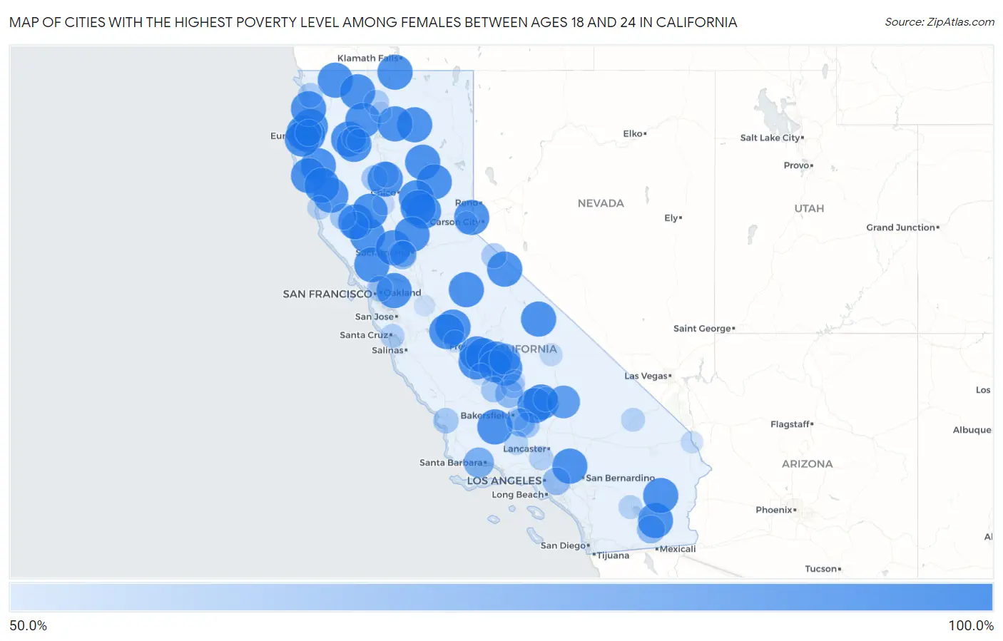 Cities with the Highest Poverty Level Among Females Between Ages 18 and 24 in California Map