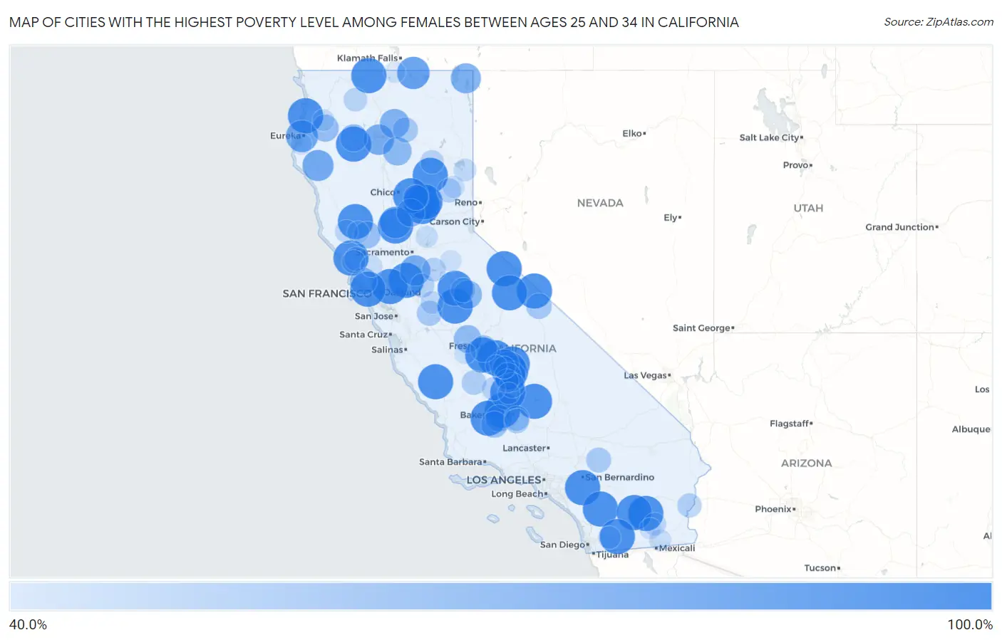 Cities with the Highest Poverty Level Among Females Between Ages 25 and 34 in California Map