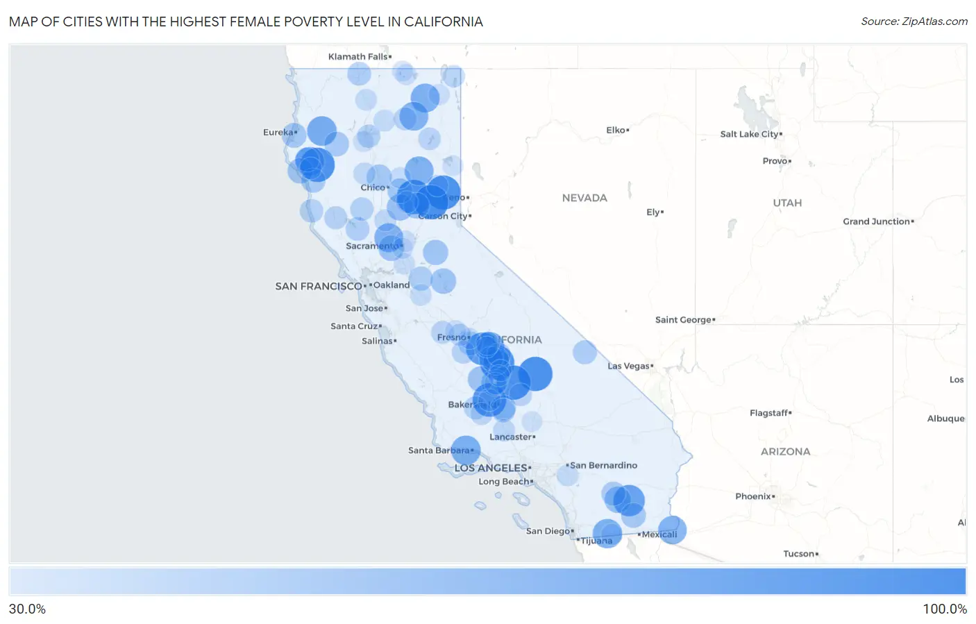 Cities with the Highest Female Poverty Level in California Map