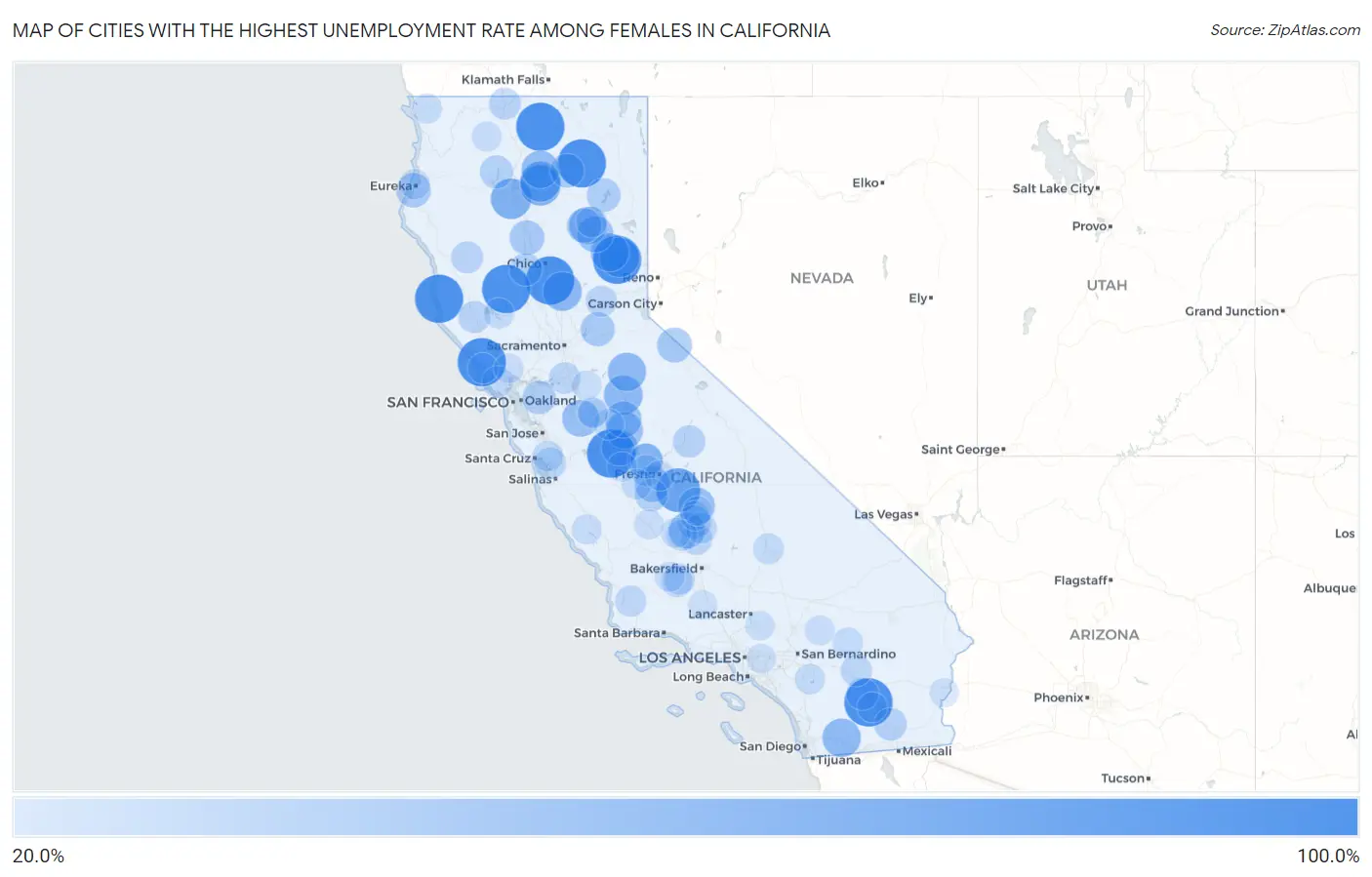 Cities with the Highest Unemployment Rate Among Females in California Map