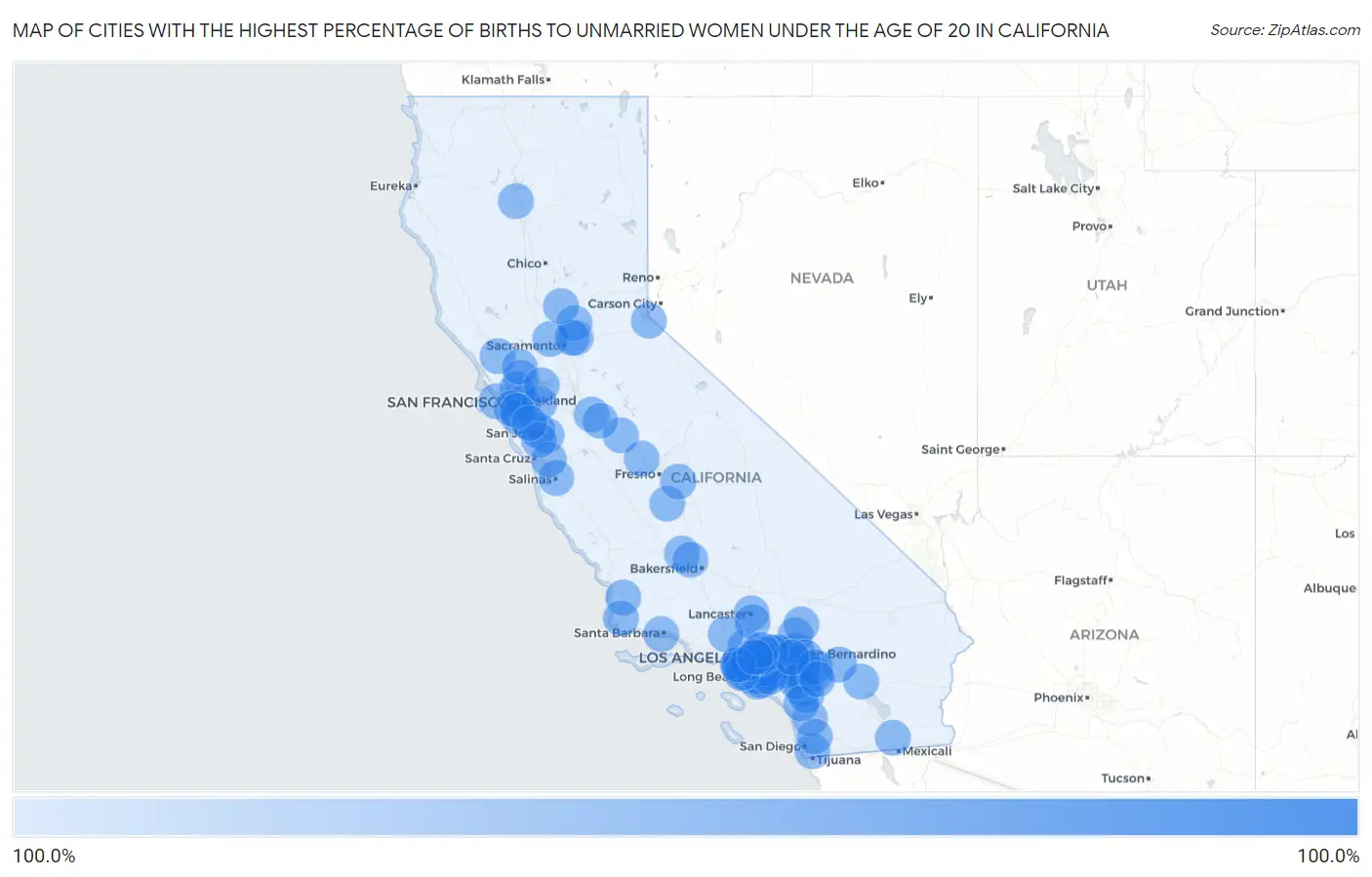 Cities with the Highest Percentage of Births to Unmarried Women under the Age of 20 in California Map