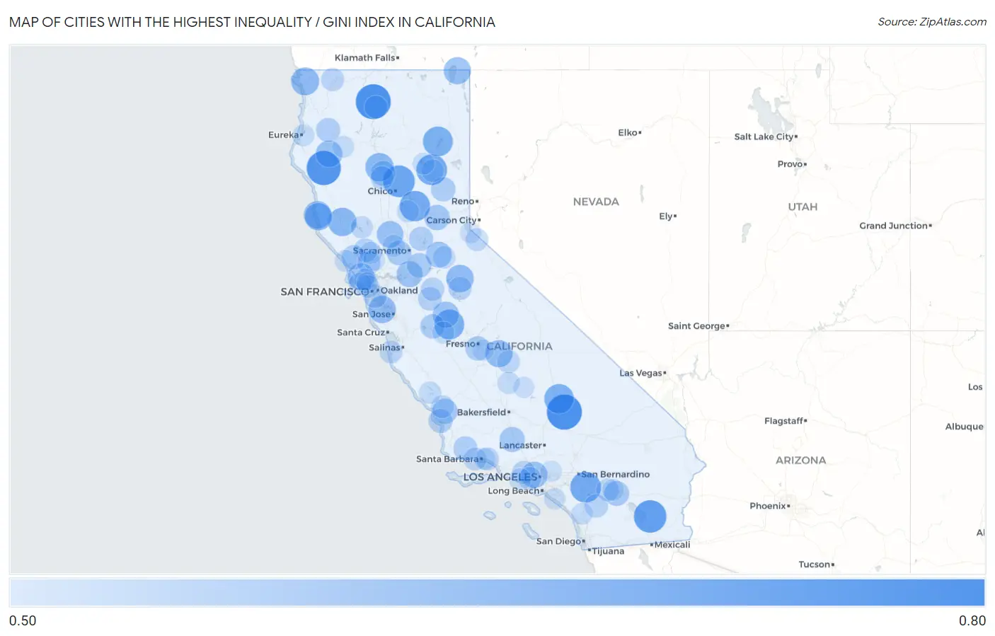 Cities with the Highest Inequality / Gini Index in California Map