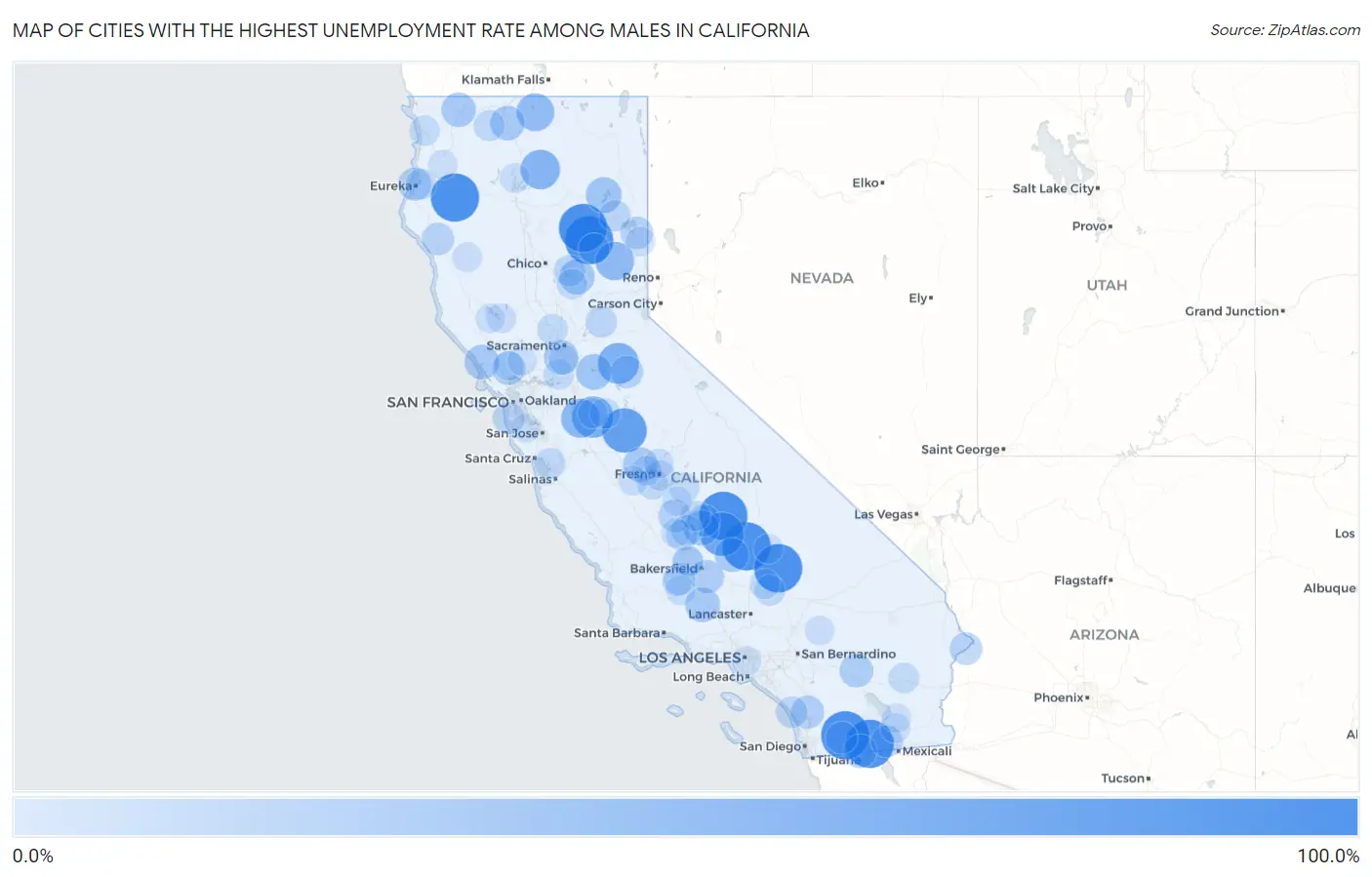 Cities with the Highest Unemployment Rate Among Males in California Map